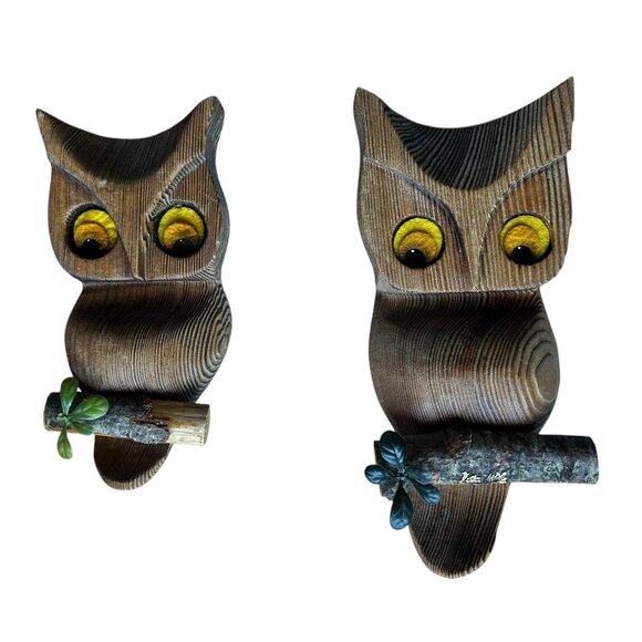 Unknown Other - Pair of Vintage Wood Owls Perched on Branches Sand Blasted Finisg Wall Hangers